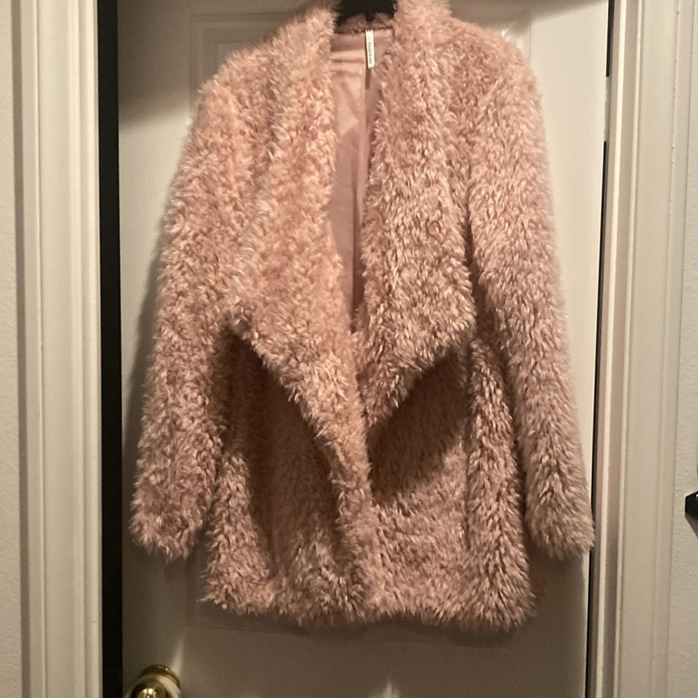 Beautiful pink fuzzy fur jacket.  Size XL. Shawl collar.  Super cute